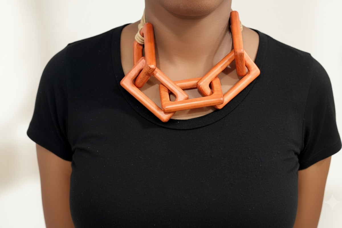 Terracotta Wooden Rectangular Link Necklace