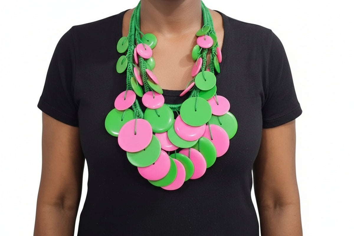 Emerald Green & Pink Bib Style Necklace